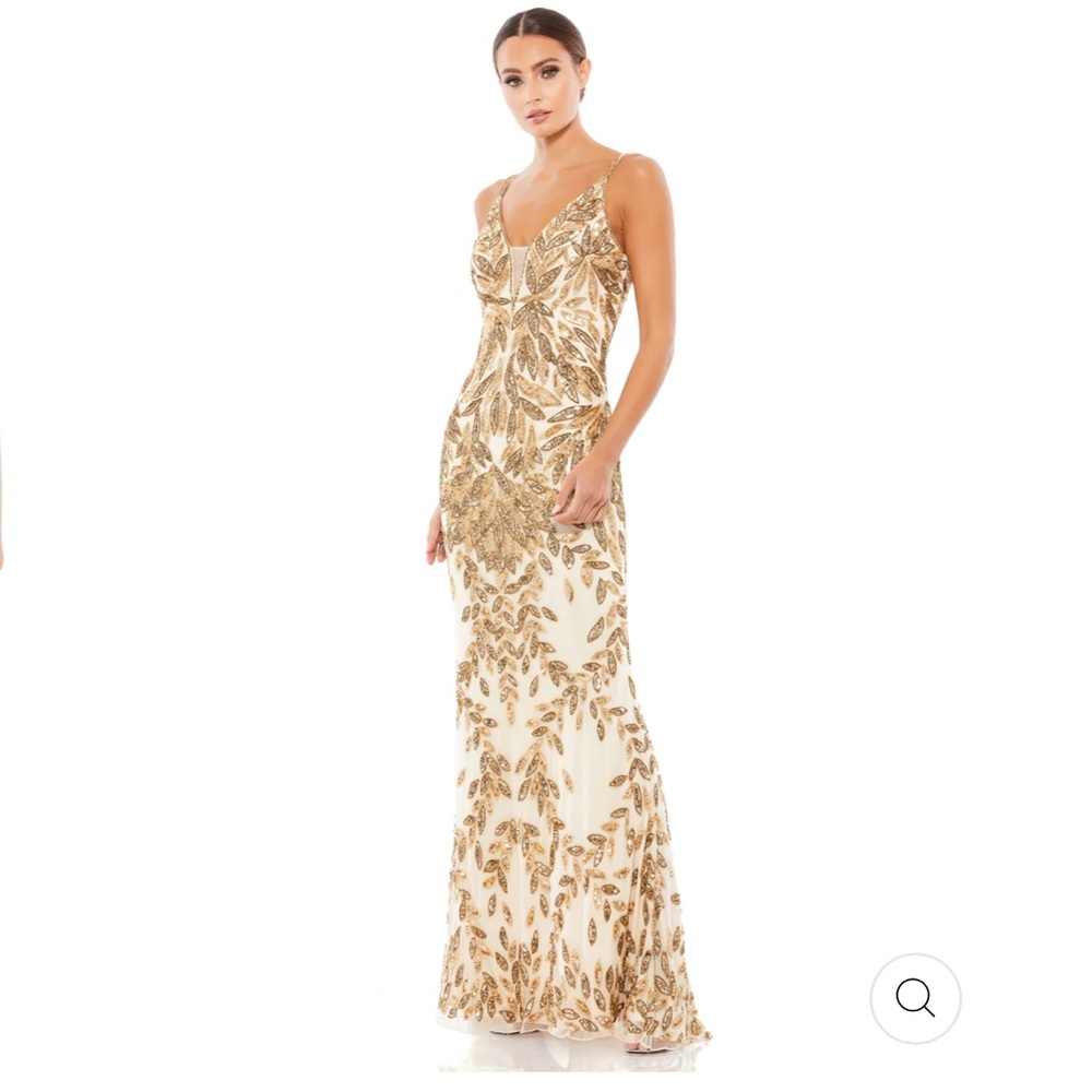 Mac Duggal Embellished Leaf Evening Gown in Nude Gold and Cream #5107, Sz 2. NWT